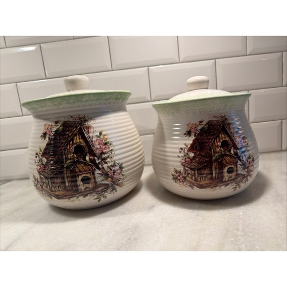 Eucalyptus Other - Set Of 2 Green Speckled Canisters- Textured-Birdhouse W/Florals- Beautiful OLA